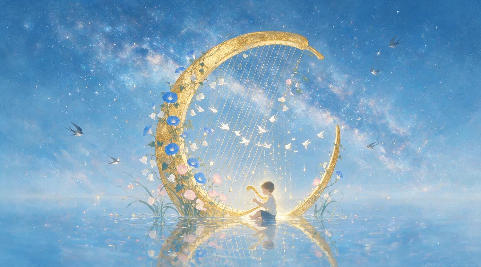 金色のハープを奏でる少年の水彩画