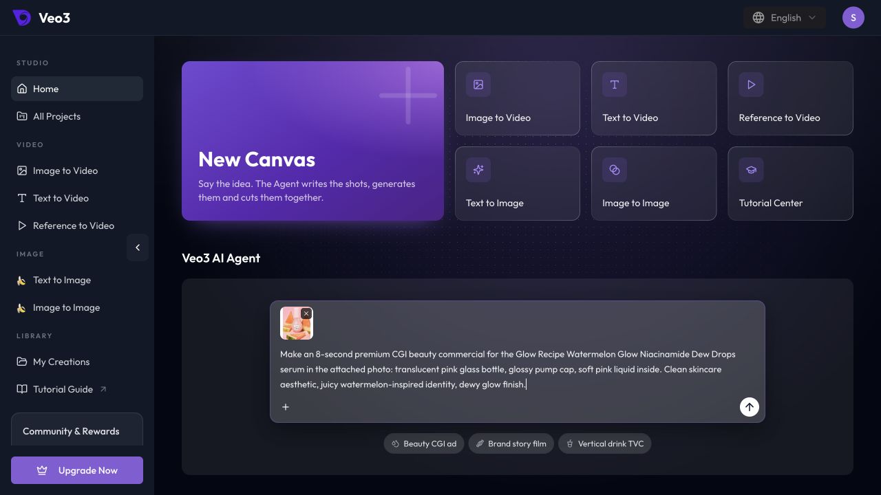 Editable example: Beauty CGI ad loads a brief together with a product reference.