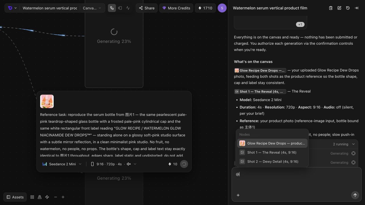 Chat: Type @ and select the node your instruction refers to