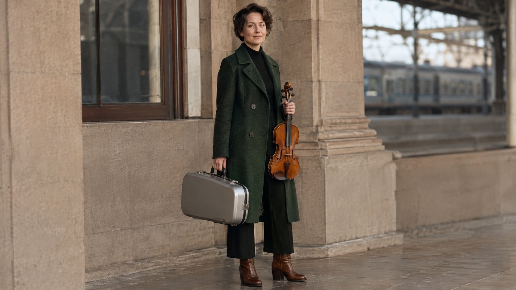 Image 1: a full-body portrait of the adult violinist with her instrument and silver case