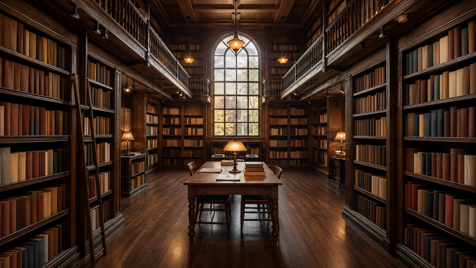 Image 1: an empty vintage bookstore with amber lighting