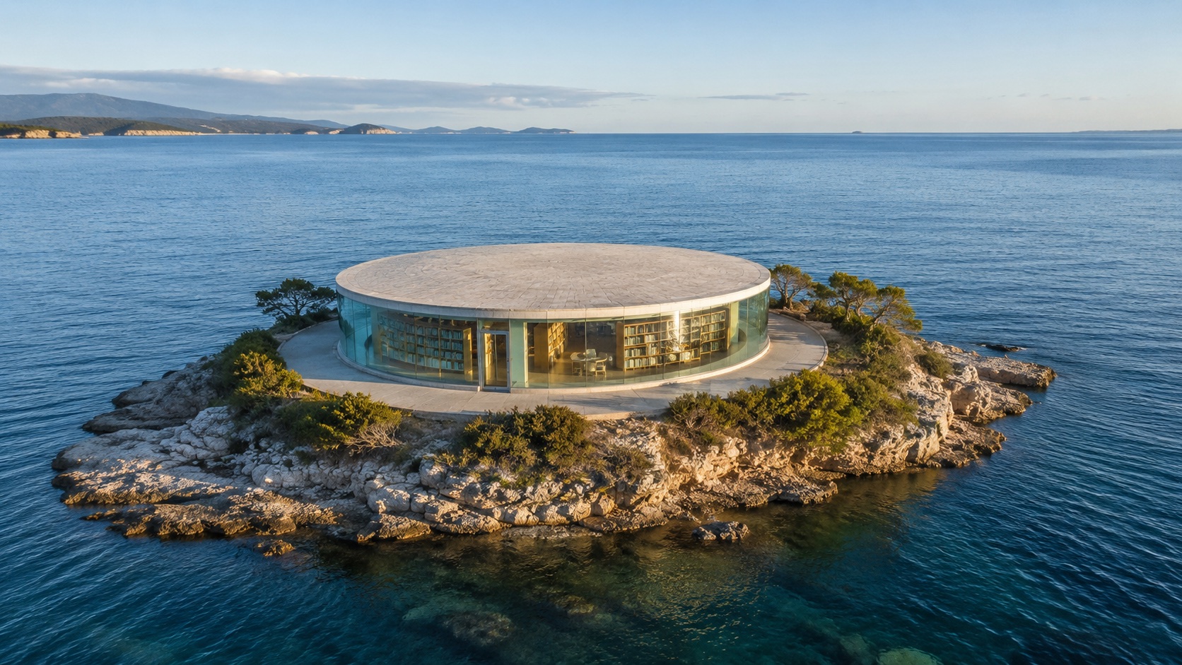 Image 1: a glass library on a small island
